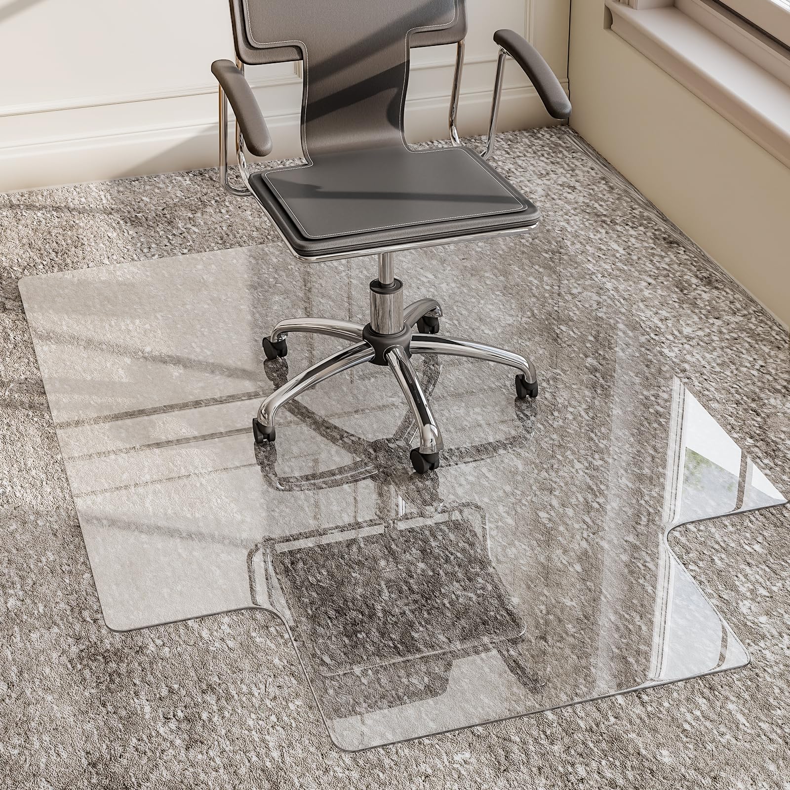 Photo 1 of GLSLAND Irregular Tempered Glass Floor Mat - 45" x 53" Office Chair Mat for Carpet Clear Duty Hard Rolling Glass Mat 1/5" Thick for Hardwood Floor/Carpeted Floors, Clear