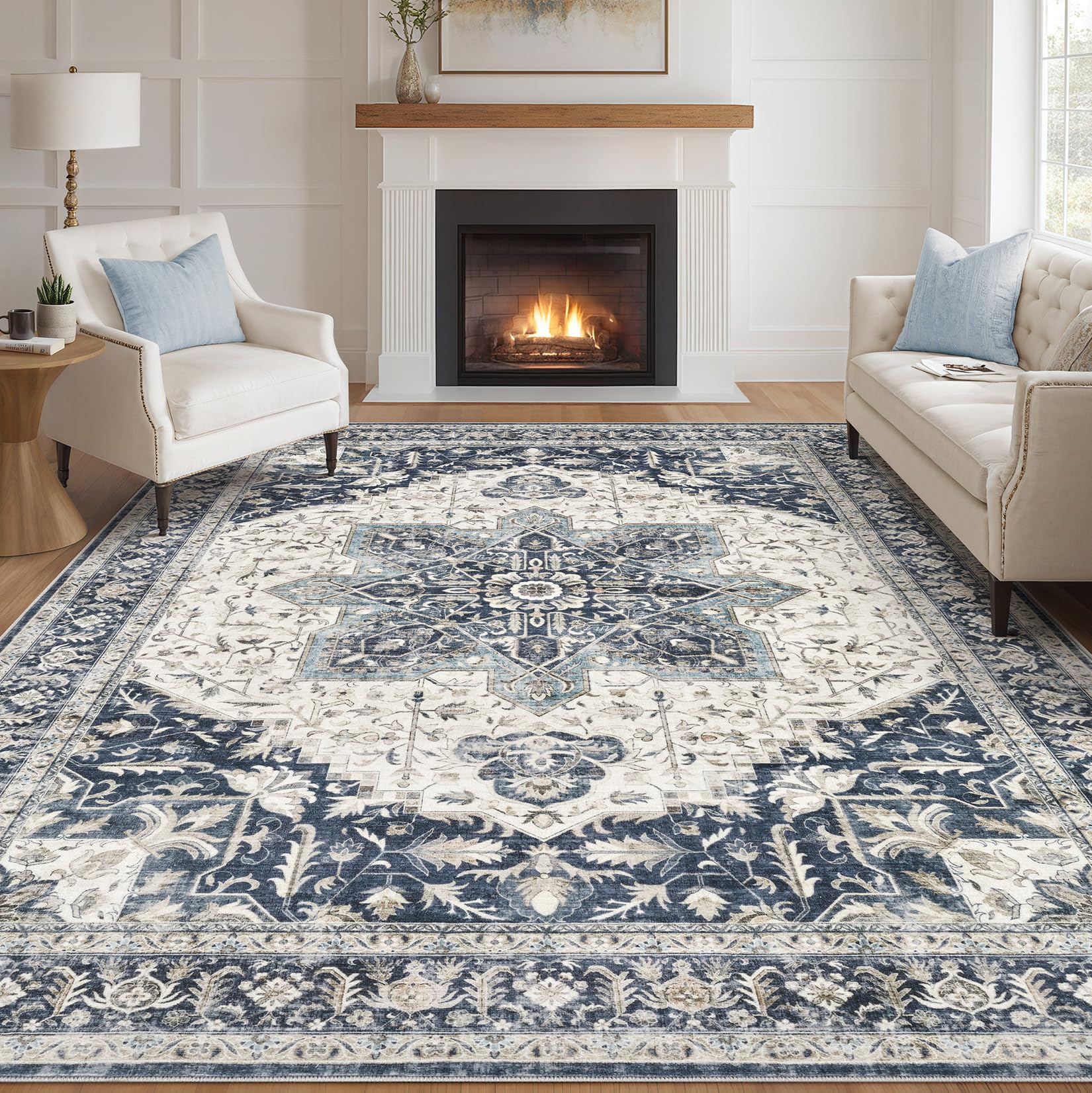 Tortania Area Rug Living Room Rugs - 8x10 Washable Boho Rug Vintage Oriental Distressed Farmhouse Large Thin Indoor Carpet for Living Room Bedroom Under Dining Table Home Office - Indigo Image