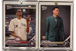 2-Card Lot- 2023 Topps Now Victor Wembanyama #D1 and #472- RC Rookie Selected with 1st Overall Pick- Draft Night-6/22/23 and Star throws out 1st Pitch in the Bronx- 6/20/23- Basketball Trading Card- San Antonio and New York Yankees. 2 Total Cards, Both are Shipped in New Protective Screwdown Holder.