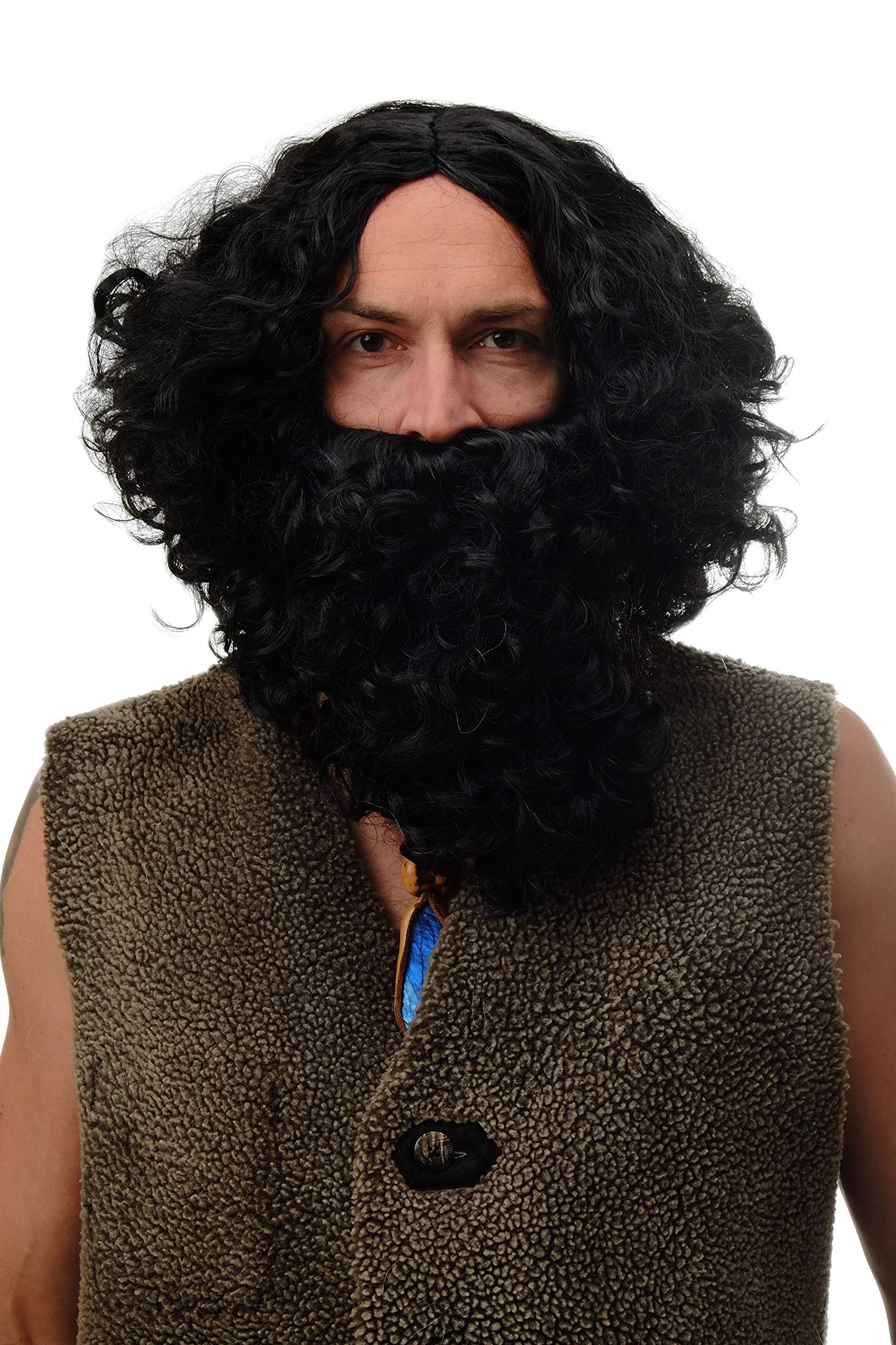 WIG ME UP - 8115-A+B-P103 Man Party Set Wig & Beard black unruly Bandit Prophet Hermit