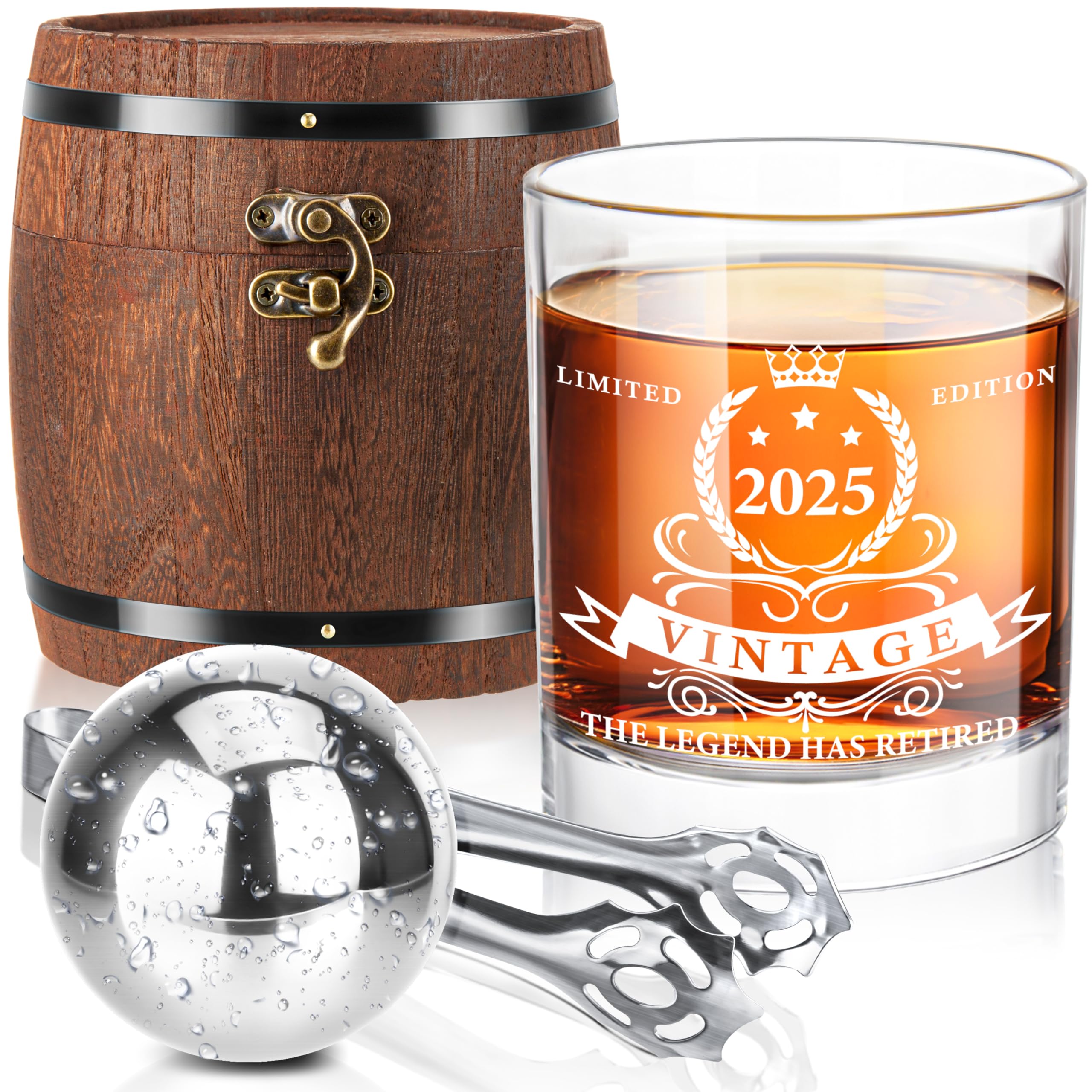 Photo 1 of LIGHTEN LIFE Retirement Gifts for Men 2025,The Legend Has Retired 2025 Whiskey Glass Set in Barrel Box,Funny Retirement Whiskey Glass Gifts