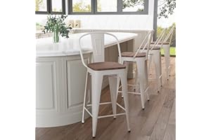 Aklaus Metal Bar Stools Set of 4,26 inch Barstools Counter Height Bar Stools with Backs Farmhouse Bar Stools with Larger seat High Back Kitchen Dining Chairs Modern Bar Chairs White Cream Stool