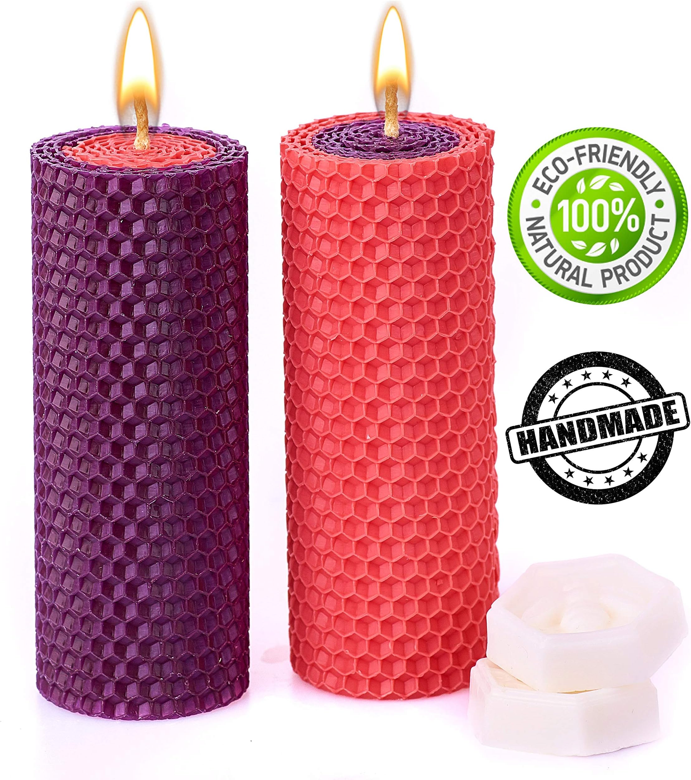 Beeswax Candles Set. 2 Pink and Purple Pillar Beeswax Candles with Honey Scent (Size 5 x 2 in) for Gift and Wedding Decor
