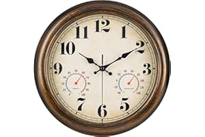 45MinST 13-Inch Vintage Outdoor Wall Clock with Thermometer and Hygrometer, Waterproof, Large Numbers, Silent, for Indoor and Outside Use,Porch,Garden,Pool(Bronze)