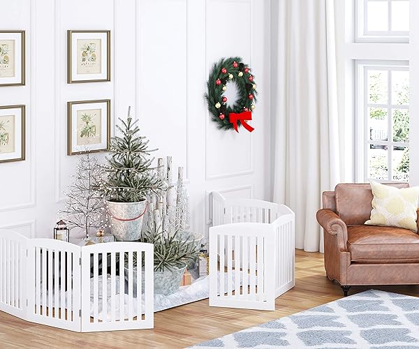 PAWLAND WOODEN FREESTANDING FOLDABLE PET GATE FOR DOGS, 24 INCH 3 PANELS STEP OVER FENCE, DOG GATE FOR THE HOUSE, DOORWAY, STAIRS, EXTRA WIDE (WHITE, 24″ HEIGHT-3 PANELS)
