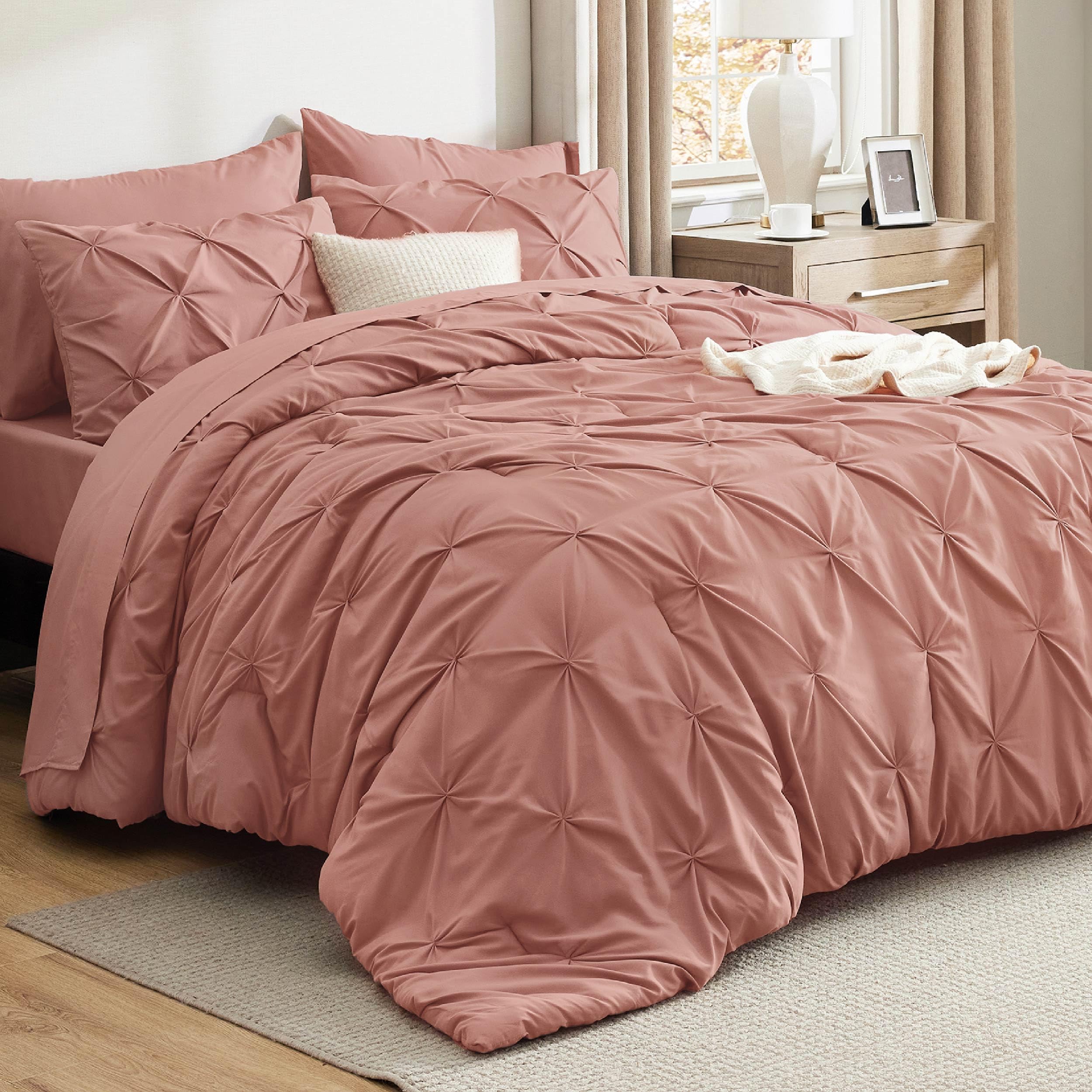 Photo 1 of Bedsure Queen Comforter Set Dusty Pink - Bed in a Bag Queen Size 7 Pieces, GentleSoft™ Pintuck Bed Set Gift for Family, Pinch Pleat Dusty Pink Comforter with Sheets, Pillowcases & Shams