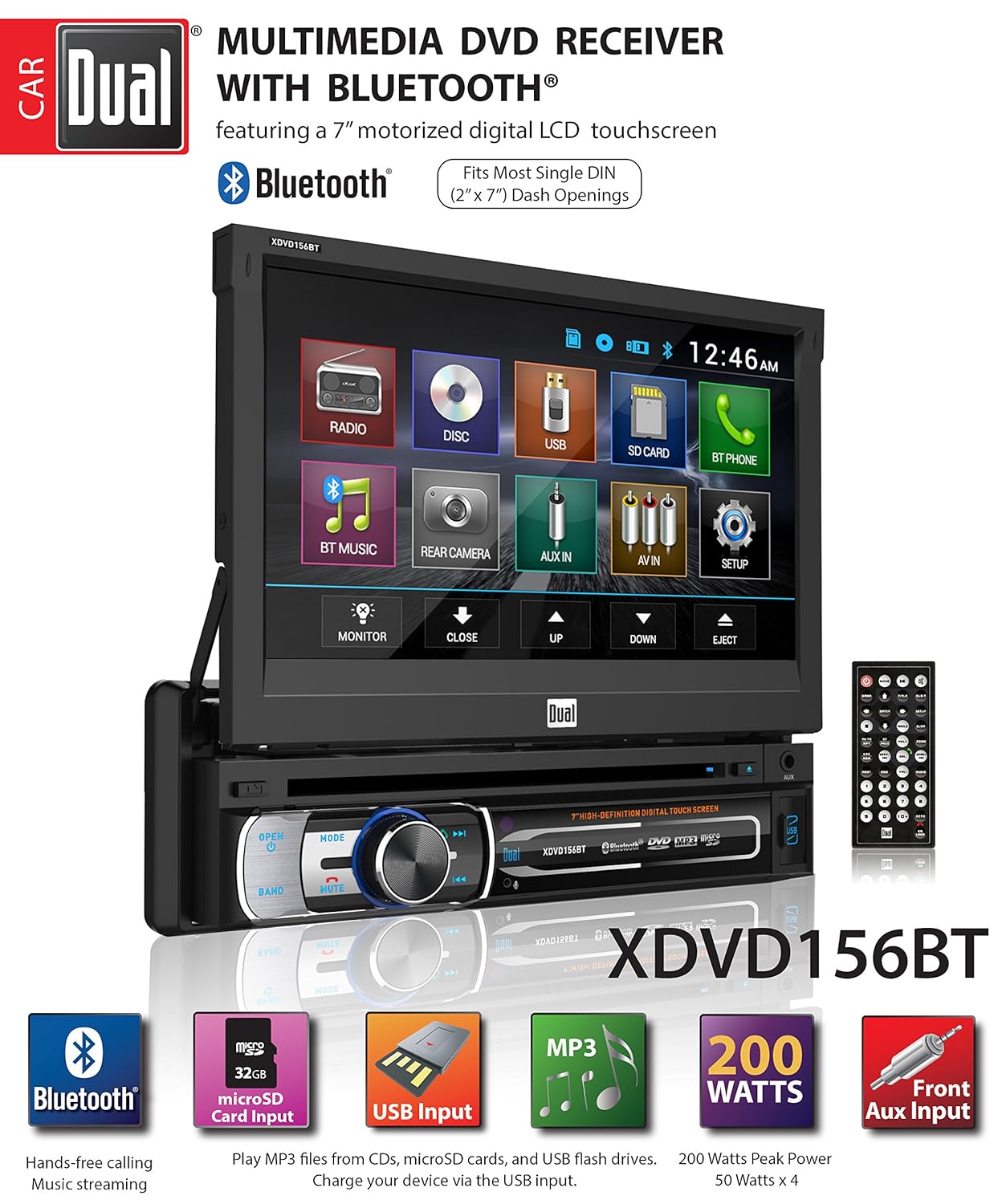 Dual Electronics XDVD156BT Multimedia Retractable & Detachable 7-inch LED Backlit LCD Touchscreen Single DIN Car Stereo Receiver with Built-in Bluetooth, CD/DVD, USB, microSD Card & MP3 Player