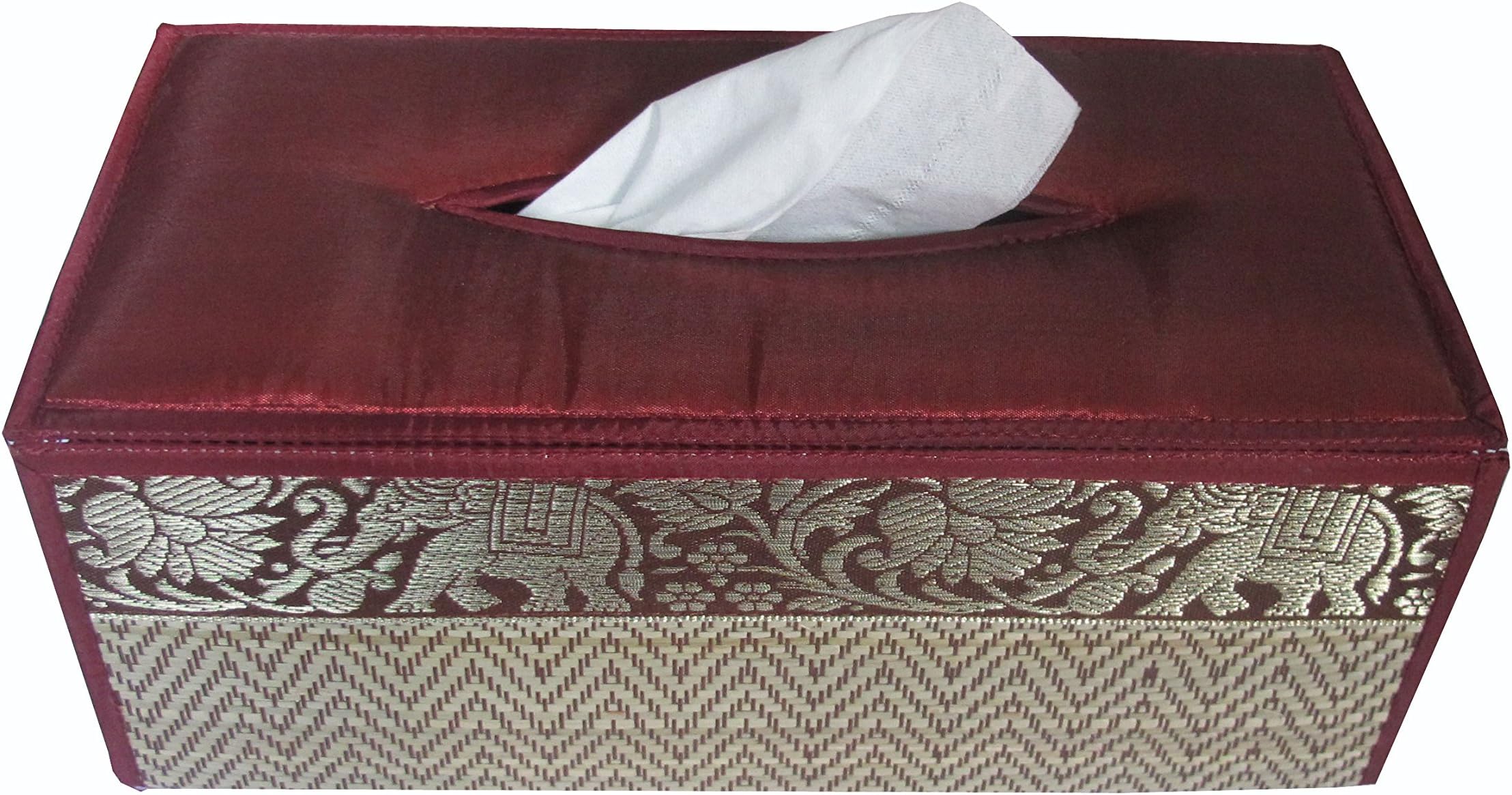 Handmade Rectangular Woven Tissue Box Cover Made From Thai Natural Reed Straw with Silk Elephant Design