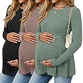 JoyMotion 3 Pack Women's Maternity Shirts, Ribbed Long Sleeve Pregnancy Sweaters Tunic Pleated Tops Crew Neck Casual Blouses