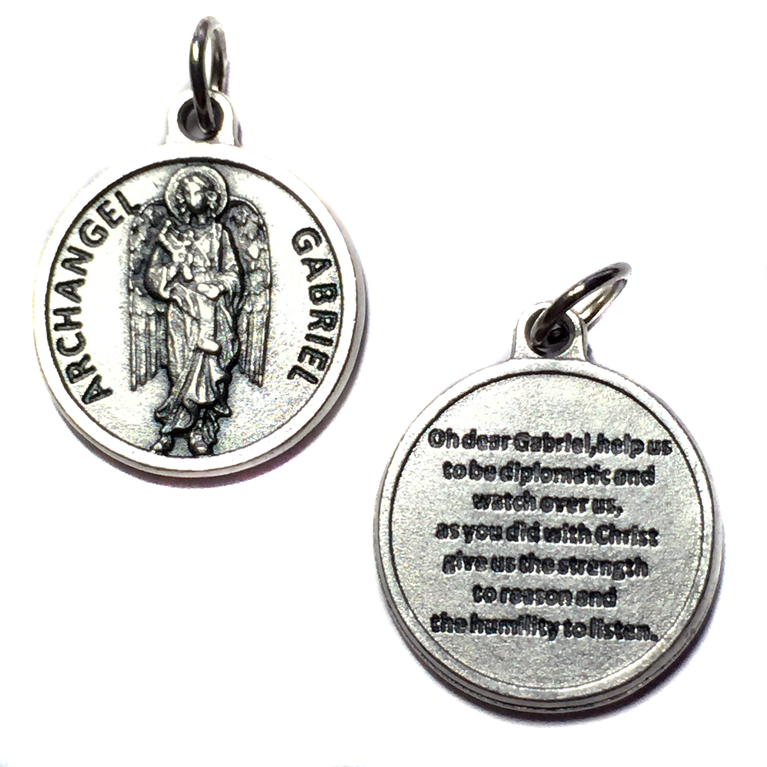 LM Religious Archangel Gabriel Protect Protection Medal Pendant Charm with Prayer Made in Italy Silver Tone Catholic 3/4