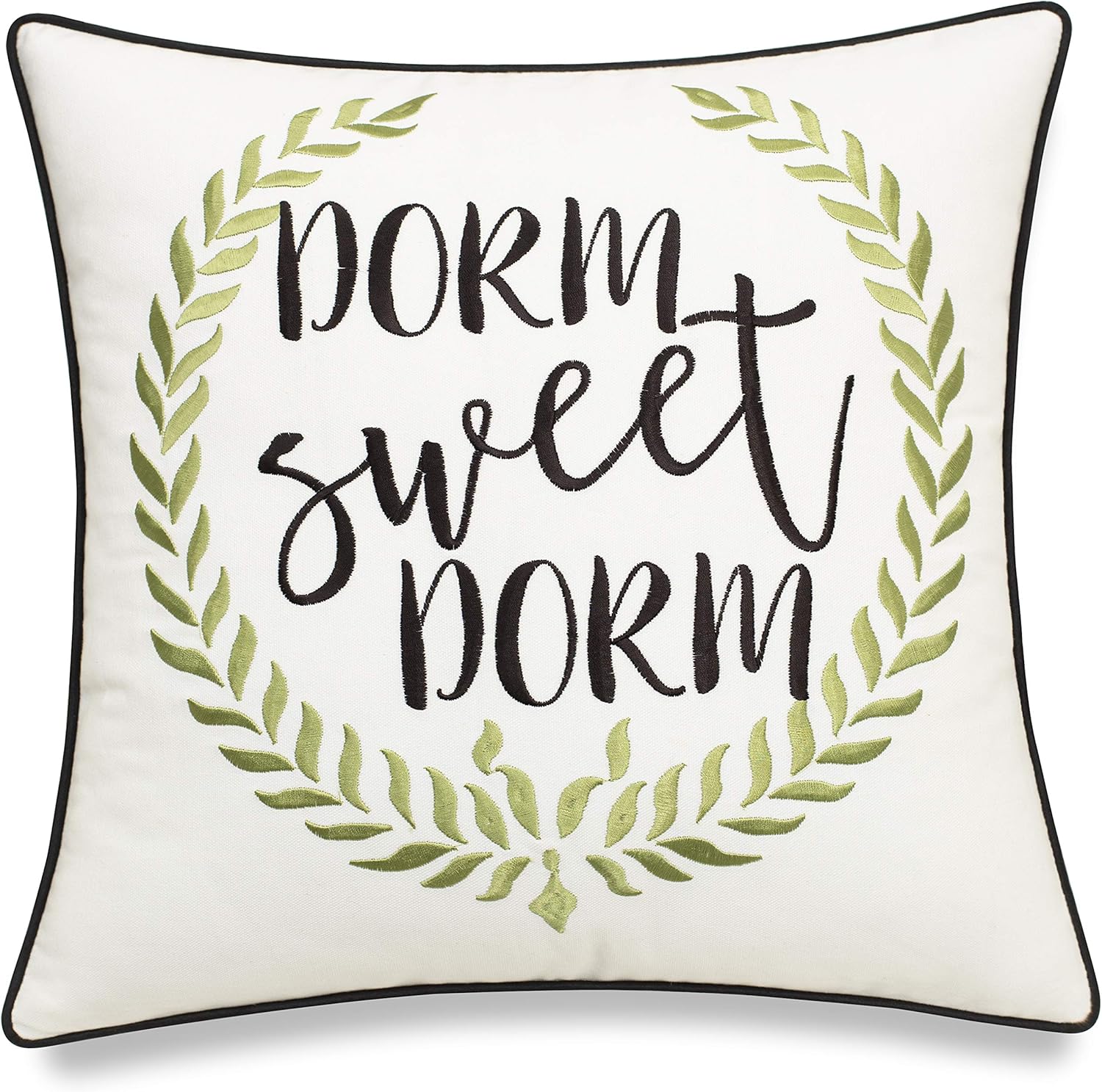 ADecor Dorm Sweet Dorm Embroidered Decorative Square Accent Pillowcase - Dorm Room Decor- 18x18 Inches, Offwhite