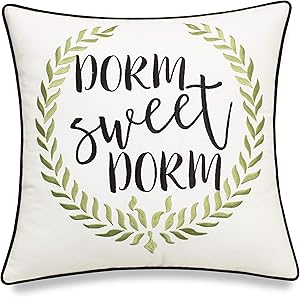 ADecor Dorm Sweet Dorm Embroidered Decorative Square Accent Pillowcase - Dorm Room Decor- 18x18 Inches, Offwhite