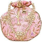 Potli Bag for Women Ethnic Gold, Pearl Handle Floral Accents, Drawstring Closure Pearls Handle Batwa Clutch Purse
