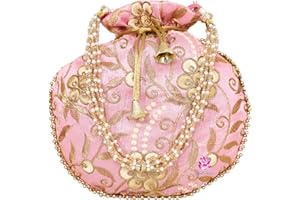 EKAVYA Potli Bag for Women Ethnic Gold, Pearl Handle Floral Accents, Drawstring Closure Pearls Handle Batwa Clutch Purse