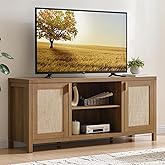SICOTAS TV Stands for Living Room : Rattan TV Console Cabinet with Storage and Shelf, Boho Entertainment Center, 59" Media Console for 55, 65 Inch TV, 26" Tall Television Stands, Oak