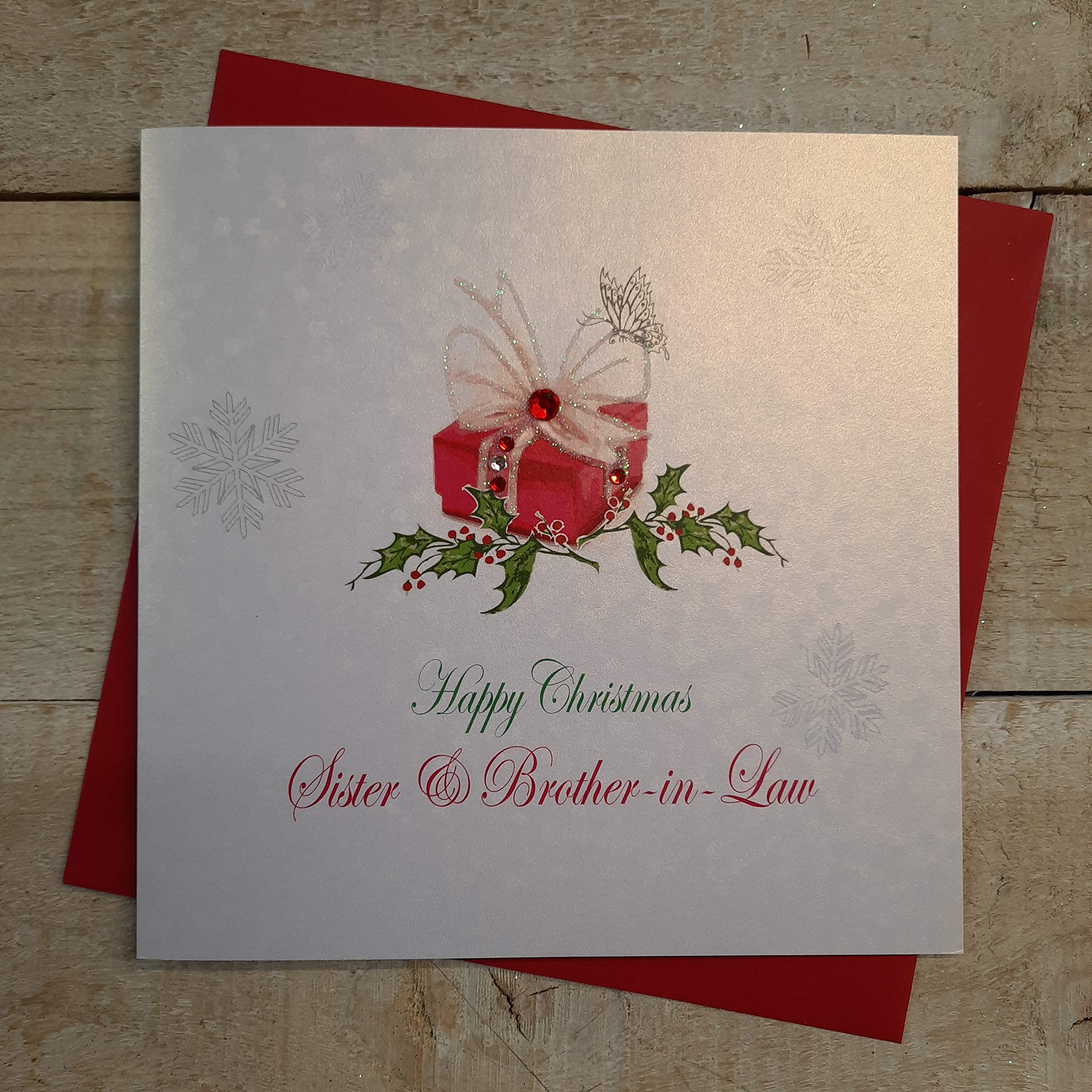 white cotton cards X117 Happy Christmas Sister and Brother In-Law Handmade Christmas Card with Present Design, White