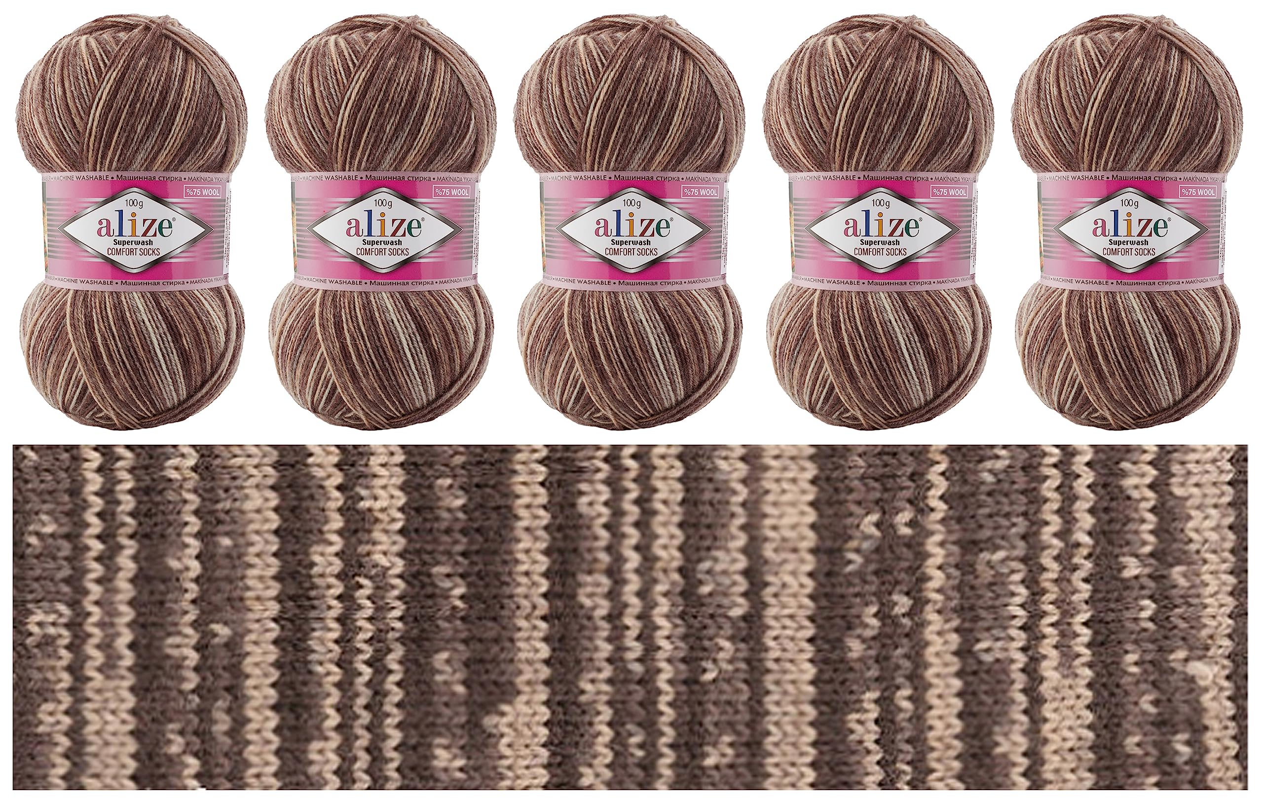 Alize Sock Yarn 5x100g Superwash Comfort Socks Wool 420 m Batik Self-Patterning Multicolour Yarn for Knitting and Crochet Sweater Vest Cardigan Blouse Scarve Hat Beanie Bootie Mitten Beret (7678)