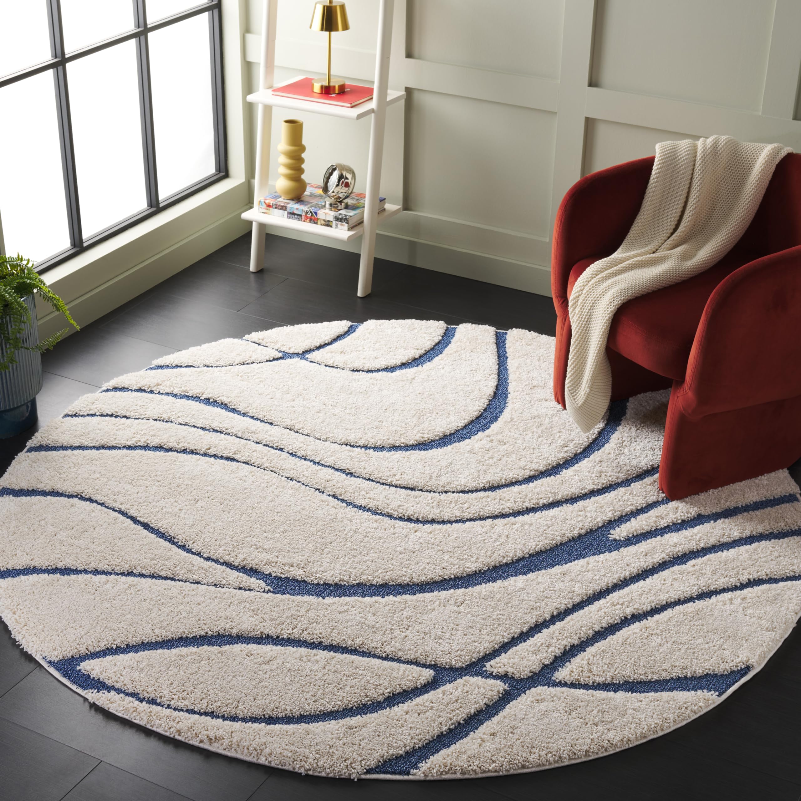 SAFAVIEH Florida Shag Collection 11' Round Cream/Blue SG471 Abstract Wave Non-Shedding Living Room Bedroom Dining Room Entryway Plush 1.2-inch Thick Area Rug Image
