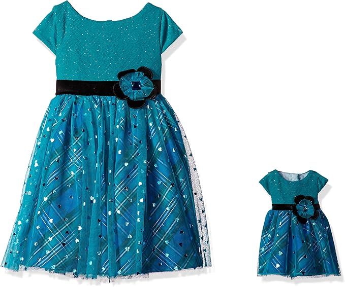 Dollie & Me Girls' Big Sparkle Party Dress with Matching Doll Outfit, Teal/Multi, 5