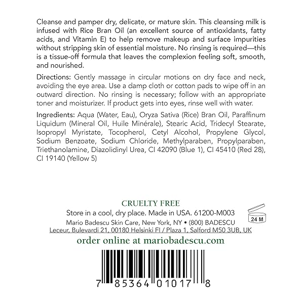 MARIO BADESCU CLEANSING MILK WITH CARNATION, RICE OIL & VITAMIN E – NO RINSE LIQUID MAKEUP REMOVER CLEANSER WITH MILKY FORMULA FOR SKIN CARE AND GENTLE CLEANSING EXPERIENCE, 6 FL OZ