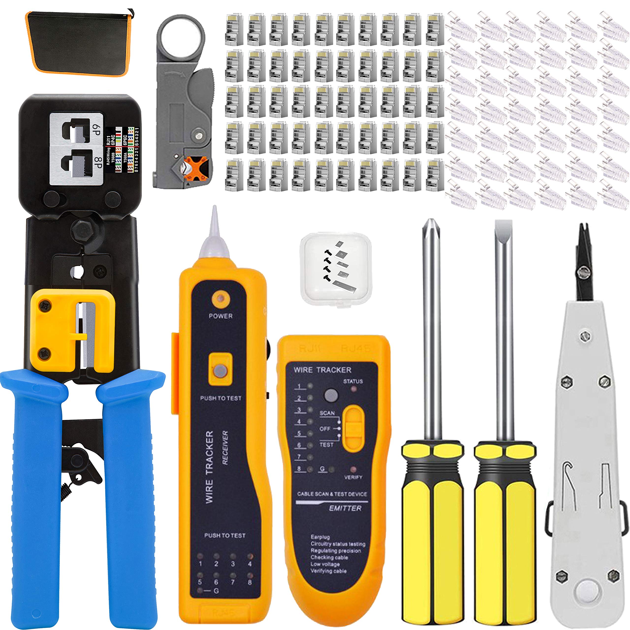 MAYLINE CAT5/CAT6/Cat7 Cable Portable Phone Network Repair Kit, RJ45/RJ11/RJ12 Computer Crimp Stripping Cutter Set, Professional Wire Crimping Tester Tools, End-Pass-Through Connectors(Blue) — image 1