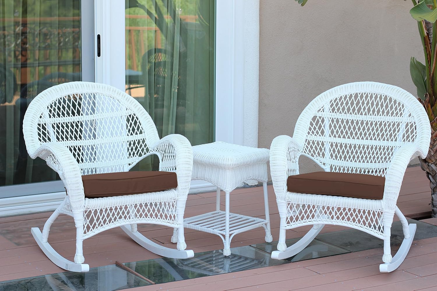 Jeco 3 Piece Santa Maria Rocker Wicker Chair Set with Brown Cushions, White: Furniture & Decor