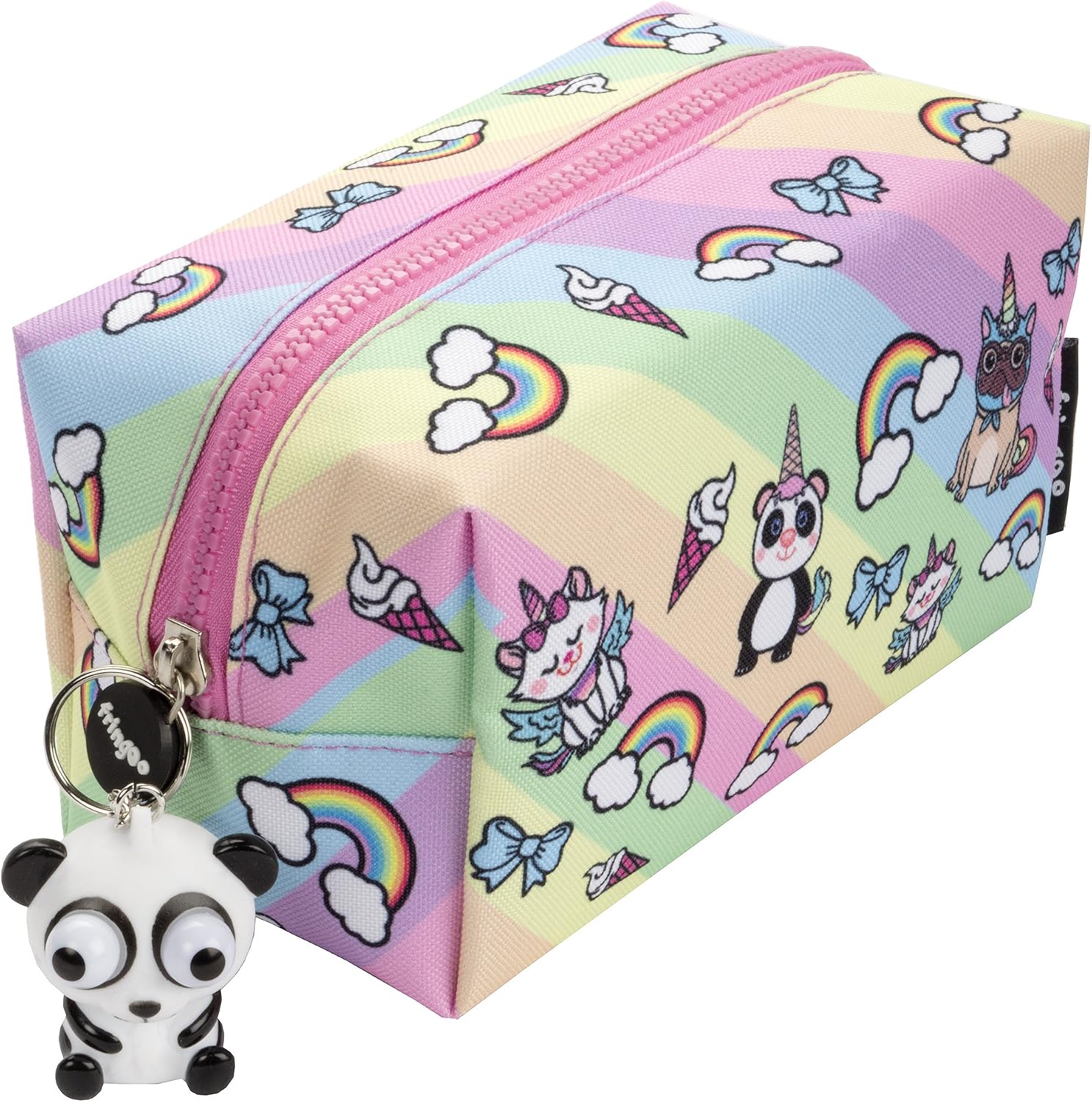 Fringoo® Large Square Pencil Case for Kids Stationery Pouch with Eye Popper Zip Puller (Unicorn Team)