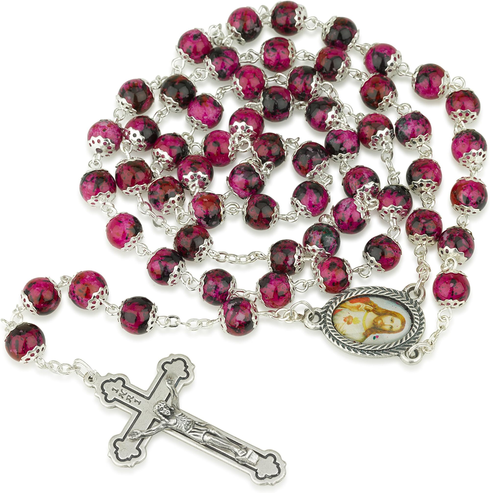 Hand Painted Ruby Glass Necklace Rosary, Sacred Heart Center, Silver Plate Chain, Crucifix