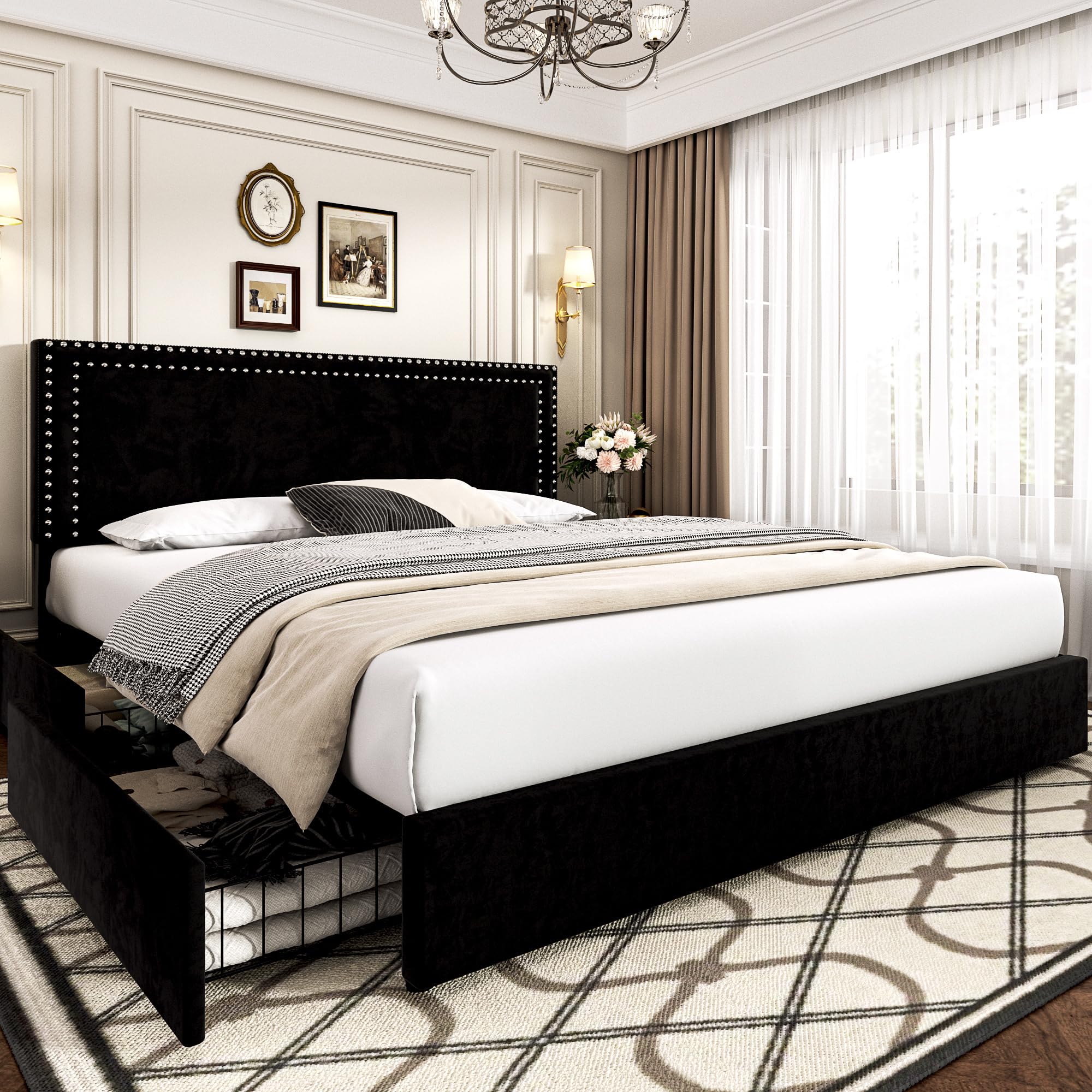 VECELO Full Size Upholstered Platform Bed Frame with 4 Storage Drawers ...