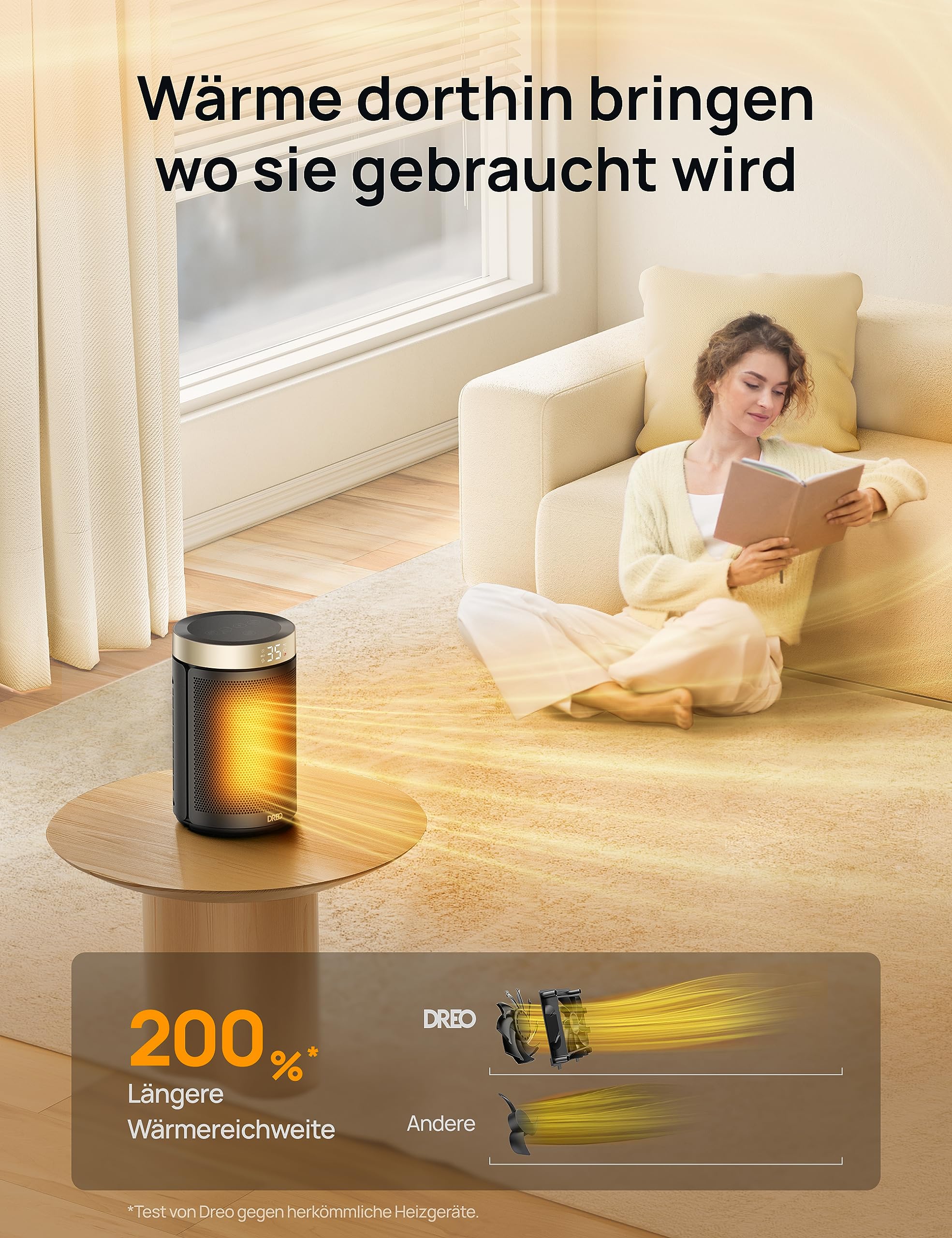Dreo Energiesparender Heizlüfter, 34 dB Leiser 1500W Elektrischer PTC Keramik, Thermostat, Überhitzungs- & Kippschutz, 12 Std. Timer, Elektroheizung für Räume Schlafzimmer, Heater 316, Gold 5