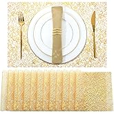 Perthlin 12 Pcs Gold Disposable Placemats Bulk 12 x 18 Inch Gold Doilies Metallic Glitter Rectangle Foil Placemats Table Decoration Dining Place mats for Party Wedding Dining Table Birthday Party