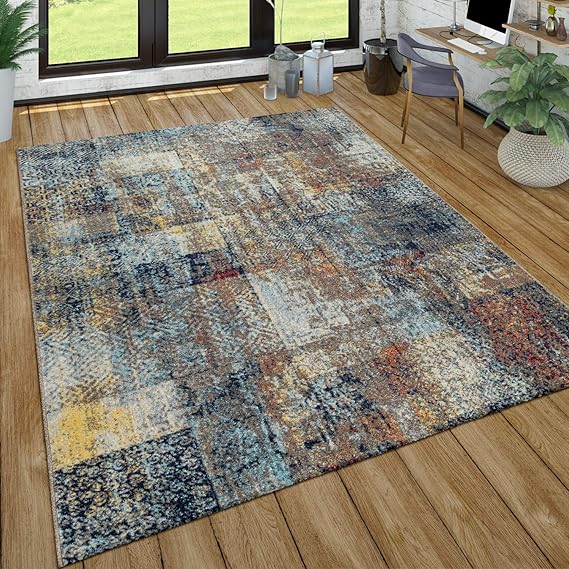 ShortPile Rug Living Room Used Effect Patchwork Industrial Style