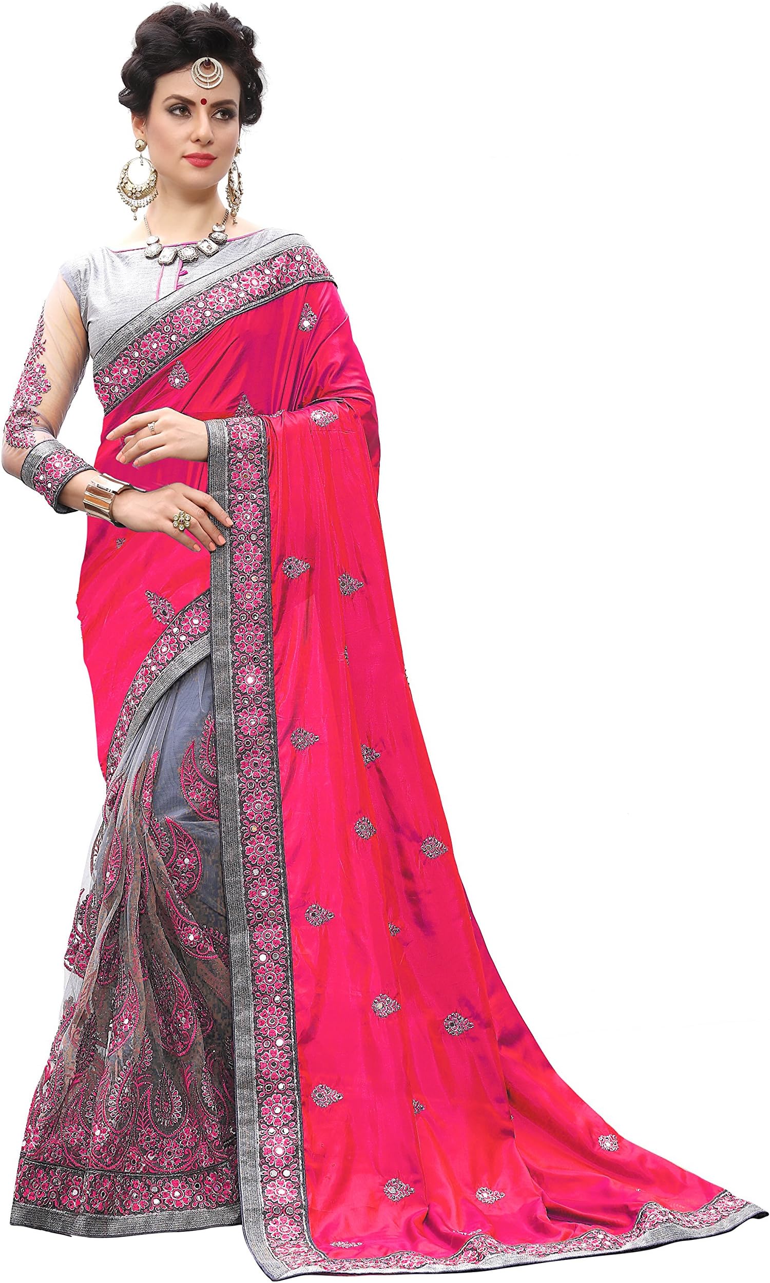 Panash Trends Women's Heavy Silk Net Embroidery Work Saree