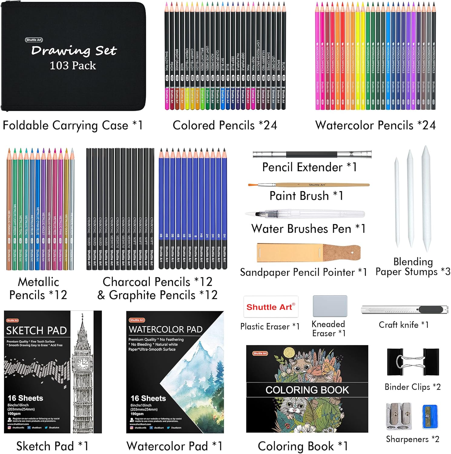 Drawing Kit, Shuttle Art 103 Pack Drawing Pencils Set, Sketching and Drawing Art Set with Colored Pencils, Sketch and Graphite Pencils in Portable Case, Drawing Supplies for Kids, Adults and Artists : Office Products