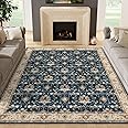 jinchan Area Rug 6'x9' Washable Rug Vintage Floral Print Rug Indoor Floor Cover Classic Boho Rug Non Slip Oriental Rug Living Room Rug Retro Carpet for Bedroom Dining Room Nursery Decor Navy Blue