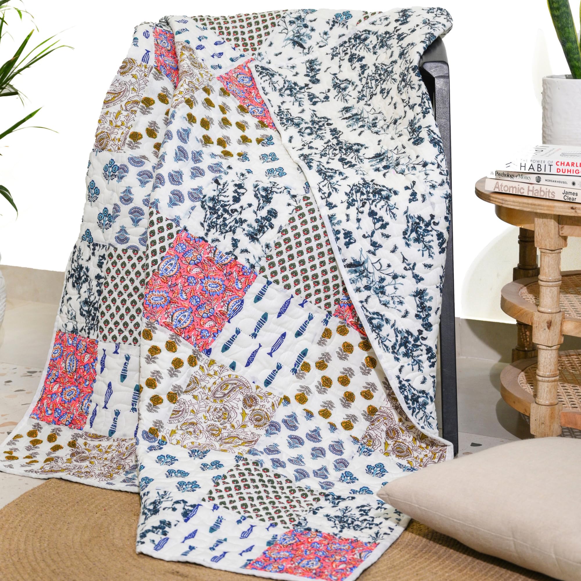 RAJRANG Reversible Quilted Throws - 127 x 152 cm Cotton Blue Patchwork Blankets Indian Plaid Quilt Bedspreads for for Sofa Couch Bed and Arm Chair Decor