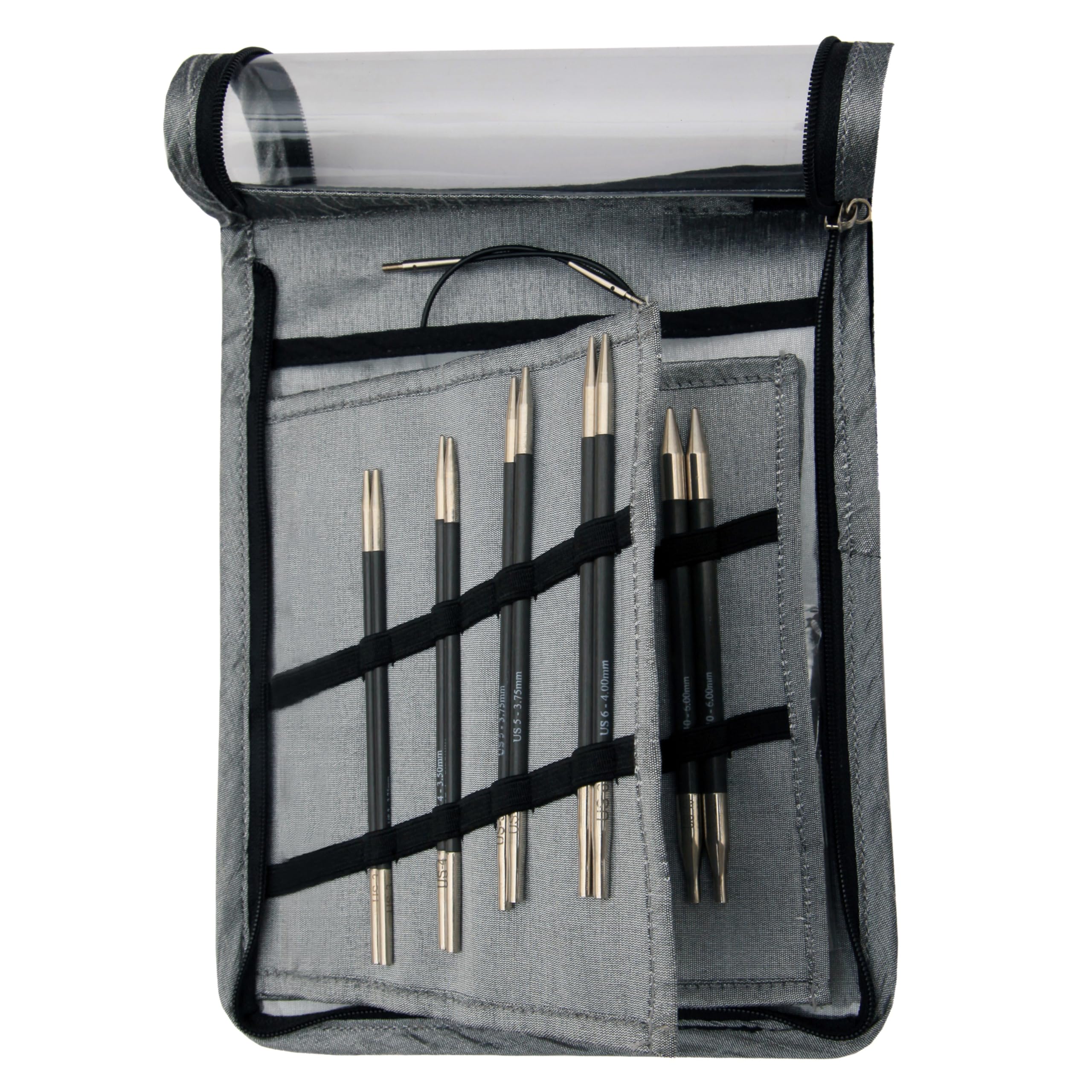 Knit Pro Karbonz Interchangeable Needle Starter Set, Black and Grey fabric Case