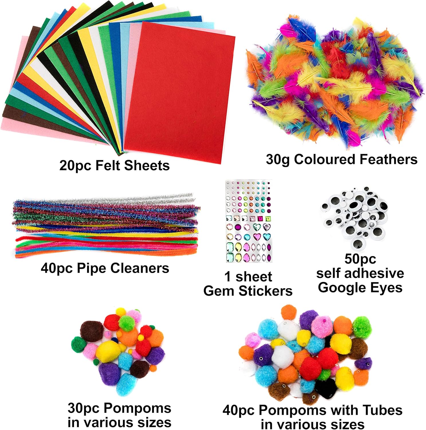 edukit Crafting Kit, 280 Pieces, Inc Pipe Cleaners, Pompoms, gems, Googly Eyes, Felt & Feathers, Various Sizes and Colours - Image 3