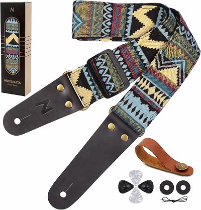 Nefelibata Guitar Strap Vintage Embroidered Cotton with Leather Ends