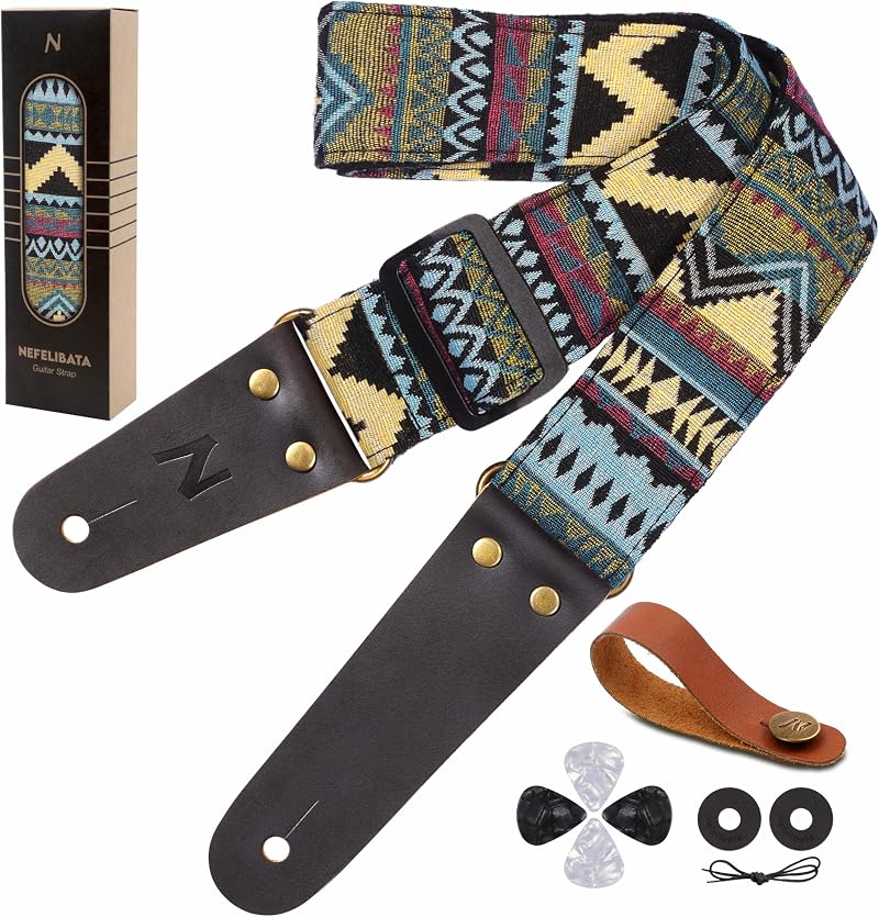 Nefelibata Guitar Strap Vintage Embroidered Cotton with Leather Ends
