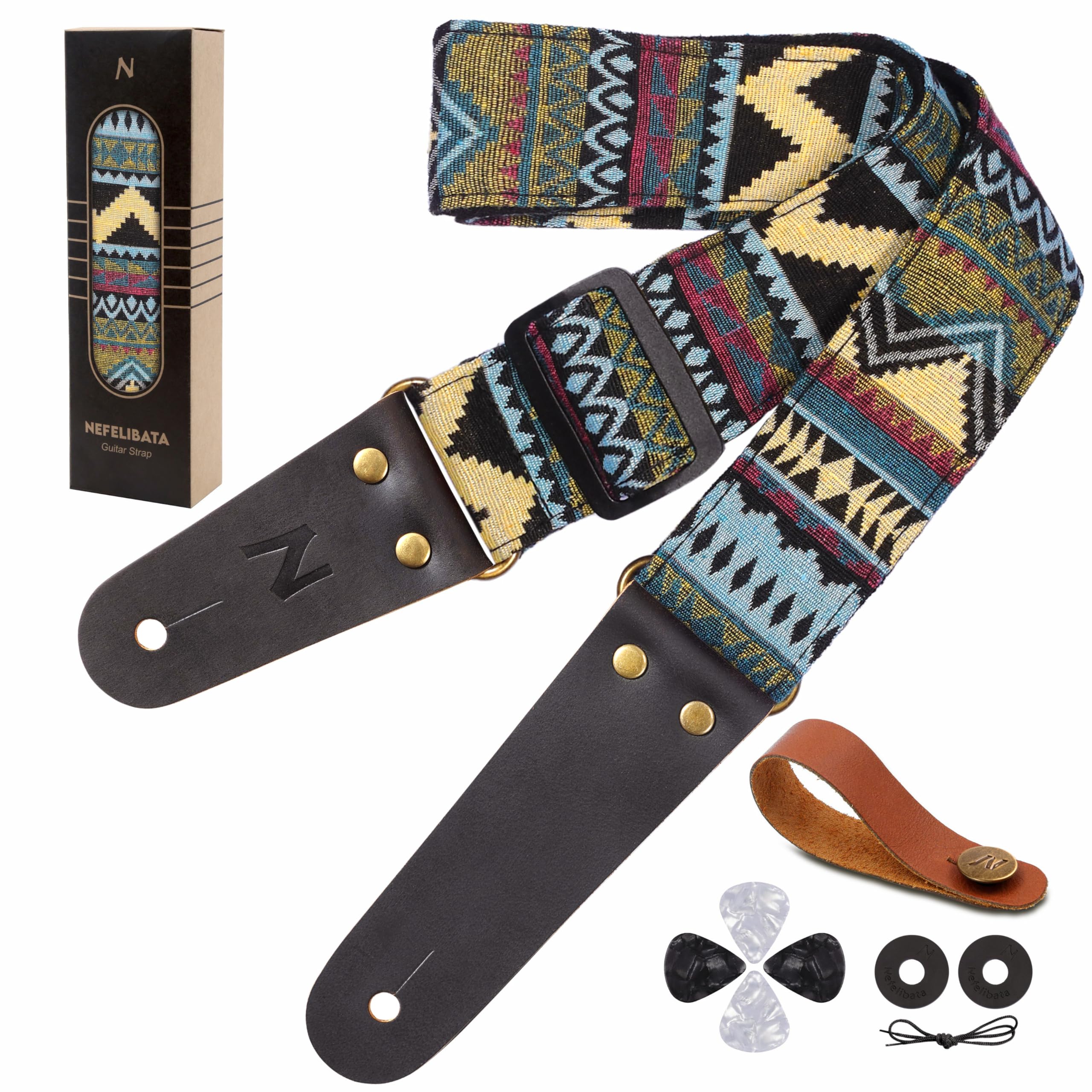 Nefelibata Guitar Strap, Vintage Embroidered Cotton Guitar Straps with Genuine Leather Ends for Bass, Electric & Acoustic Guitars, Come with Free Strap Button, 1 Pair Strap Locks and 4 Guitar Picks