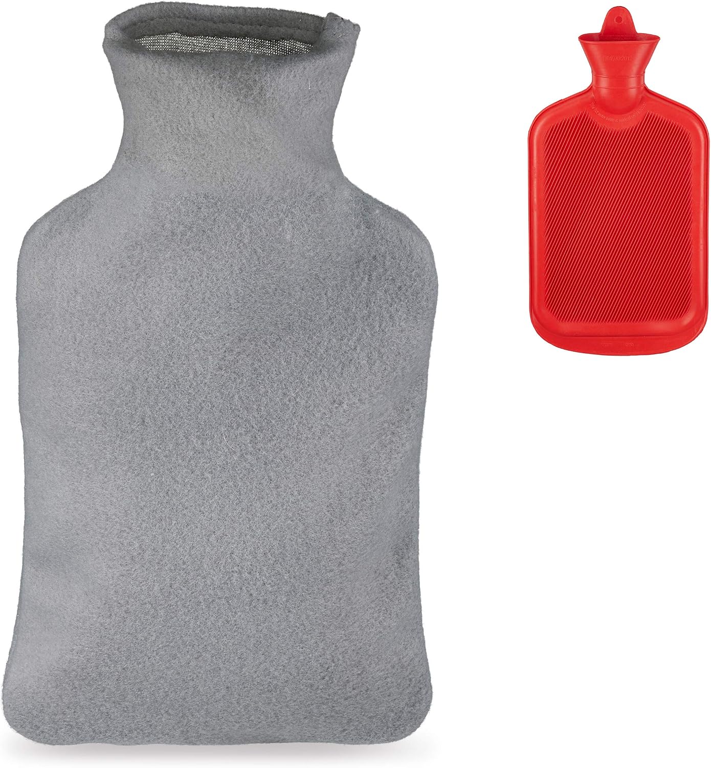 Relaxdays Hot Water Bottle with Fleece Cover, Durable, 1.5L Bed Warmer, Odourless Natural Rubber, 35x19x4.5 cm, Red/Grey