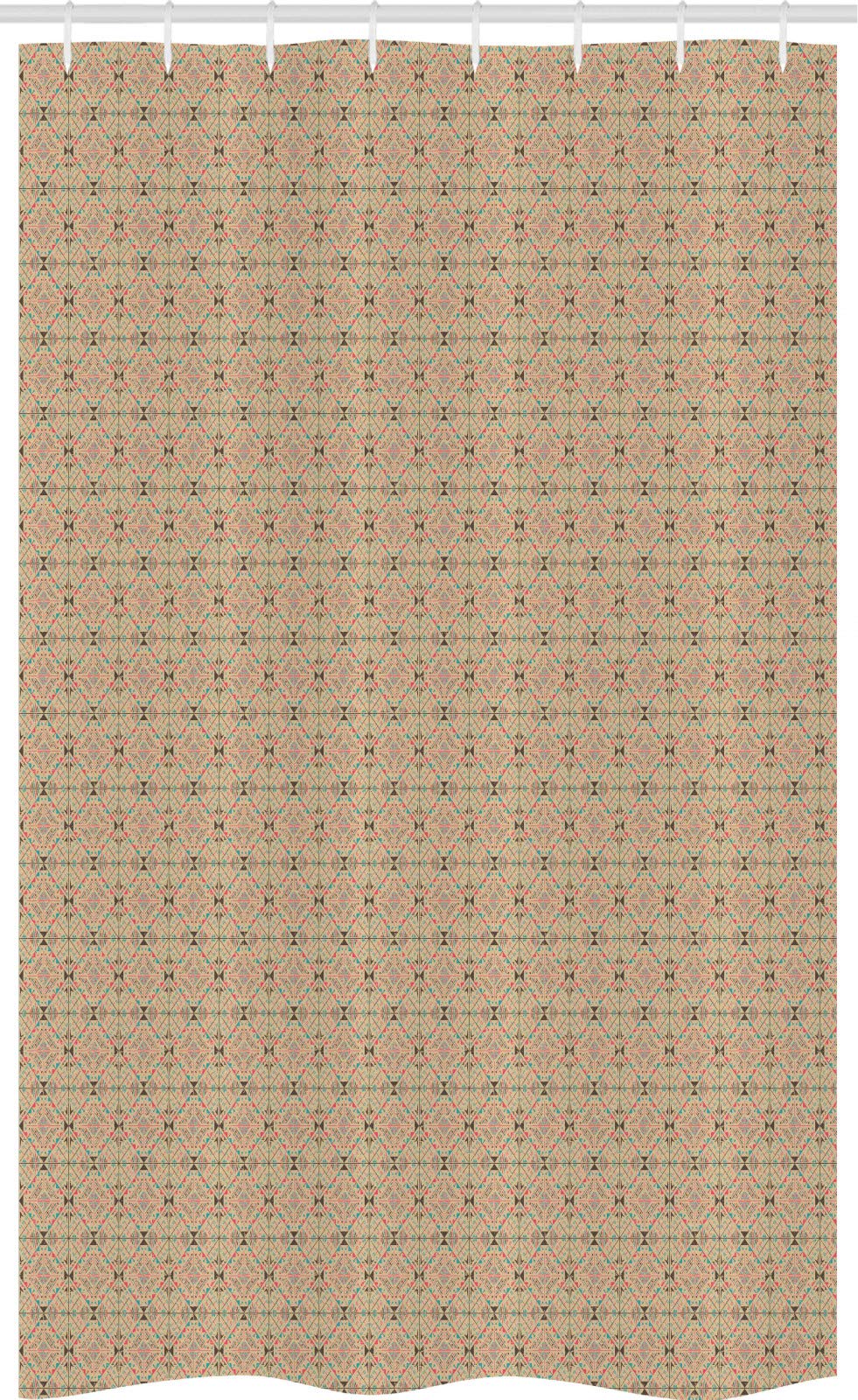 ABAKUHAUS Ethnic Stall Shower Curtain, Geometric Forms in Grunge Mosaic Style Boho Native Primitive Style Details, Fabric Bathroom Decor Set with Hooks, 120 x 180 cm, Pink Tan And Blue