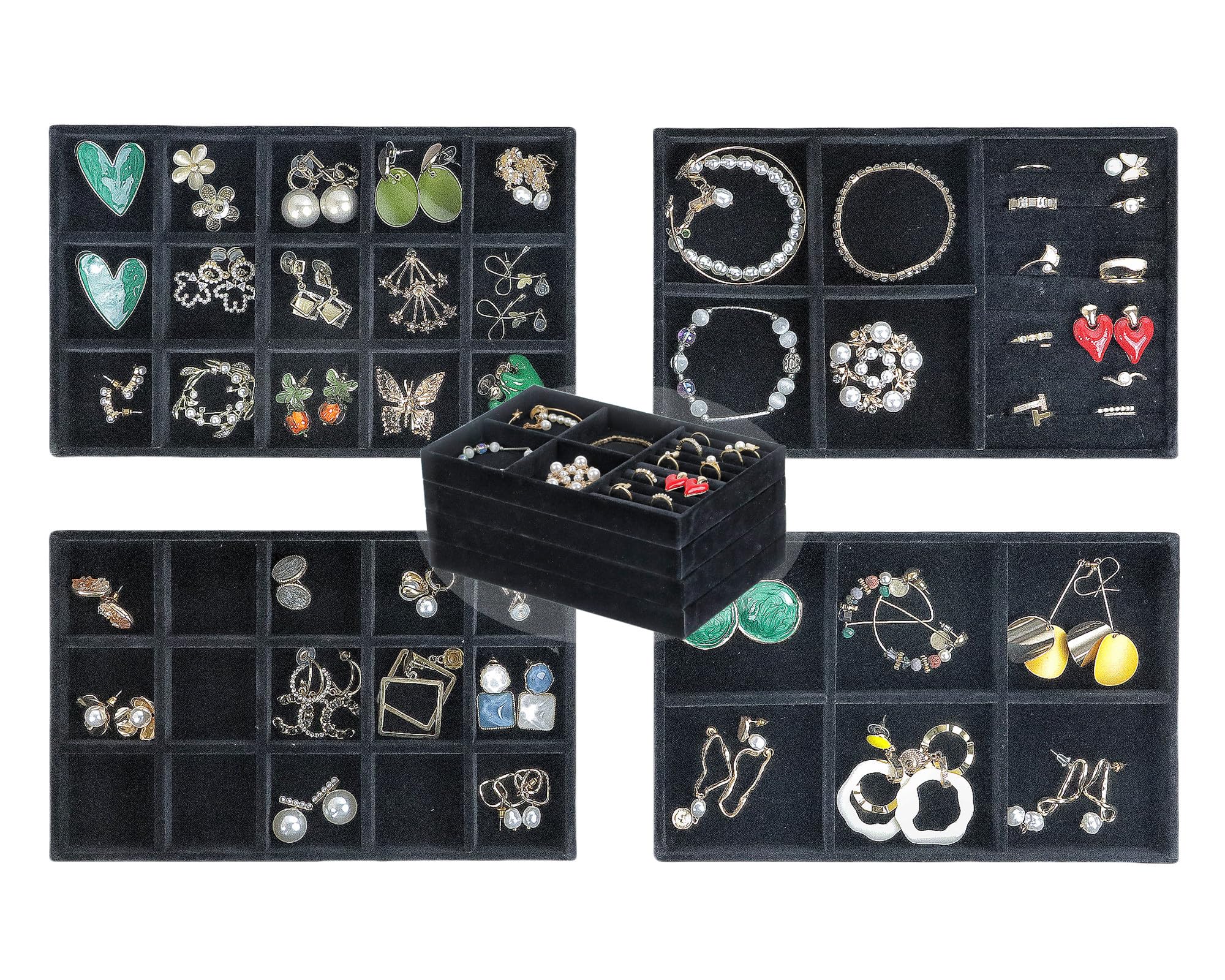 Photo 1 of Set of 4 Stackable Jewelry Trays Organizer, Velvet Earring Organizer, Jewelry Organizer Showcase Display Drawer Organizer Storage, Earring Holder Necklace Bracelet Ring Accessary Organizers (Black)