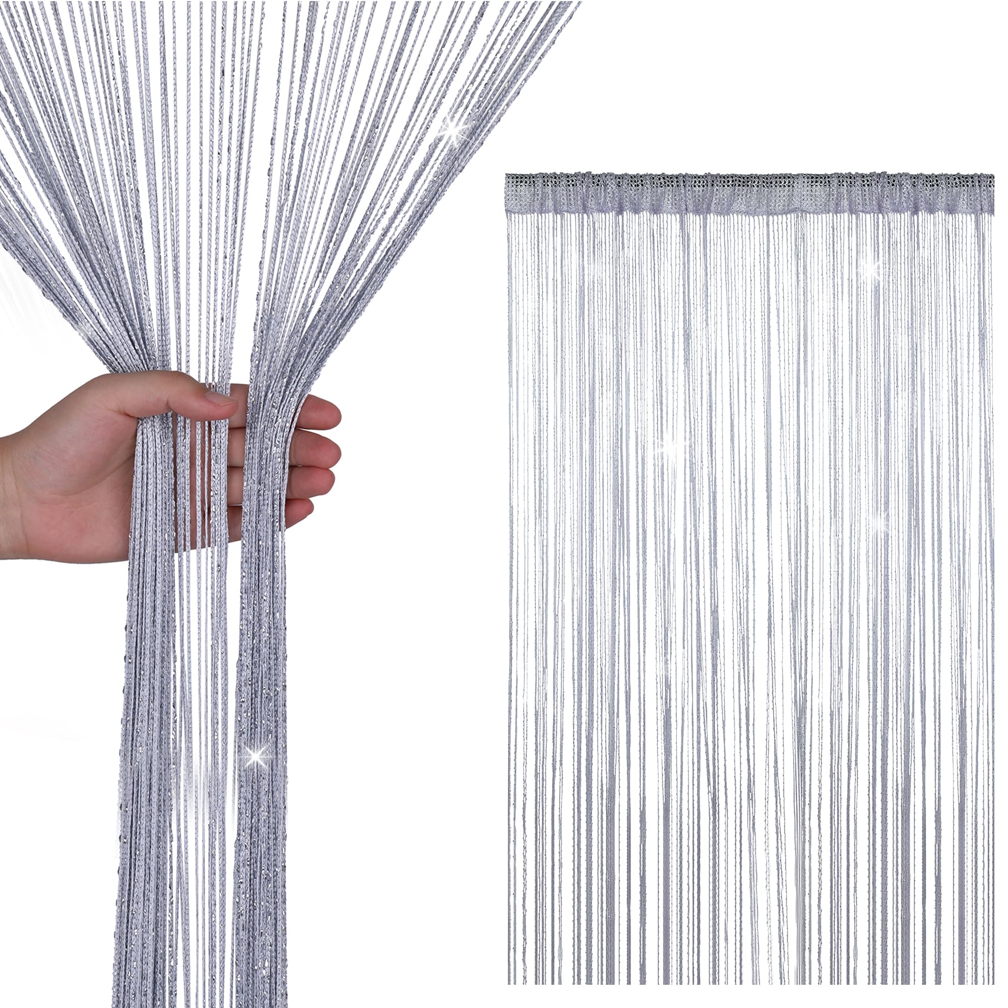 WedDecor Silver String Curtains Glitter Fringe Panel Fly Screen Room Divider Tassel Curtain for Doors, Doorway, Windows, Home Décor, Event Decoration, (90cm x 200cm) — image 1