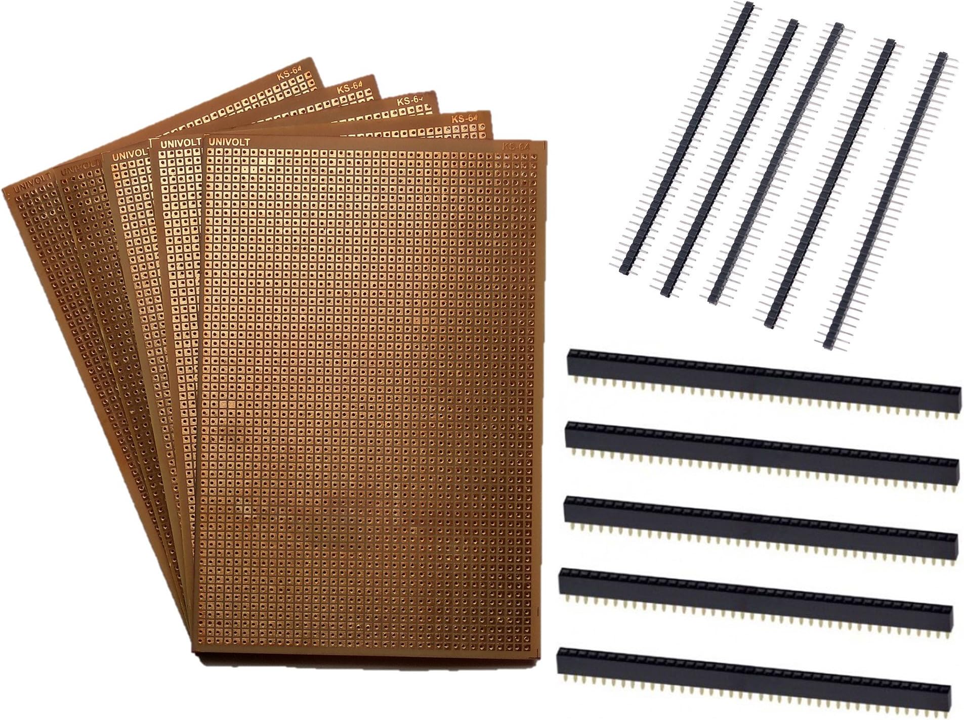 UNIVOLT KS-64 General Purpose Printed Circuit Board, 5 Pieces + Female Berg Strip, 5 Pieces + Male Berg Strip, 5 Pieces