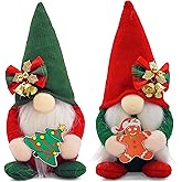 LeafWhis Set of 2 Christmas Gnomes Plush Decorations - Handmade Nordic Tomte Gnome Figures with Gingerbread & Tree Ornaments - Swedish Red Green Gnomes for Home, Office, and Holiday Décor
