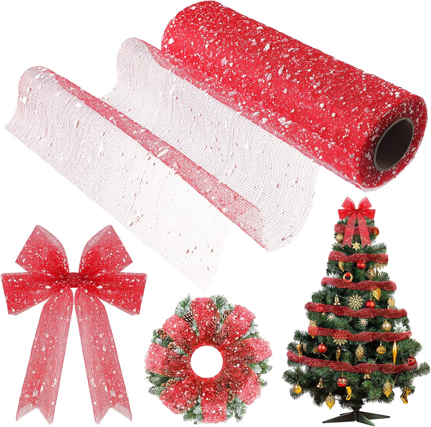 Bows & Ribbons - 10 Inch x 30 Feet Christmas Snow Poly Mesh Ribbon Snowball Decorated Mesh Ribbon Christmas Tree Wreath Mesh Ribbon Christmas Ribbon for Christmas Graduation Party Decoration (Red)