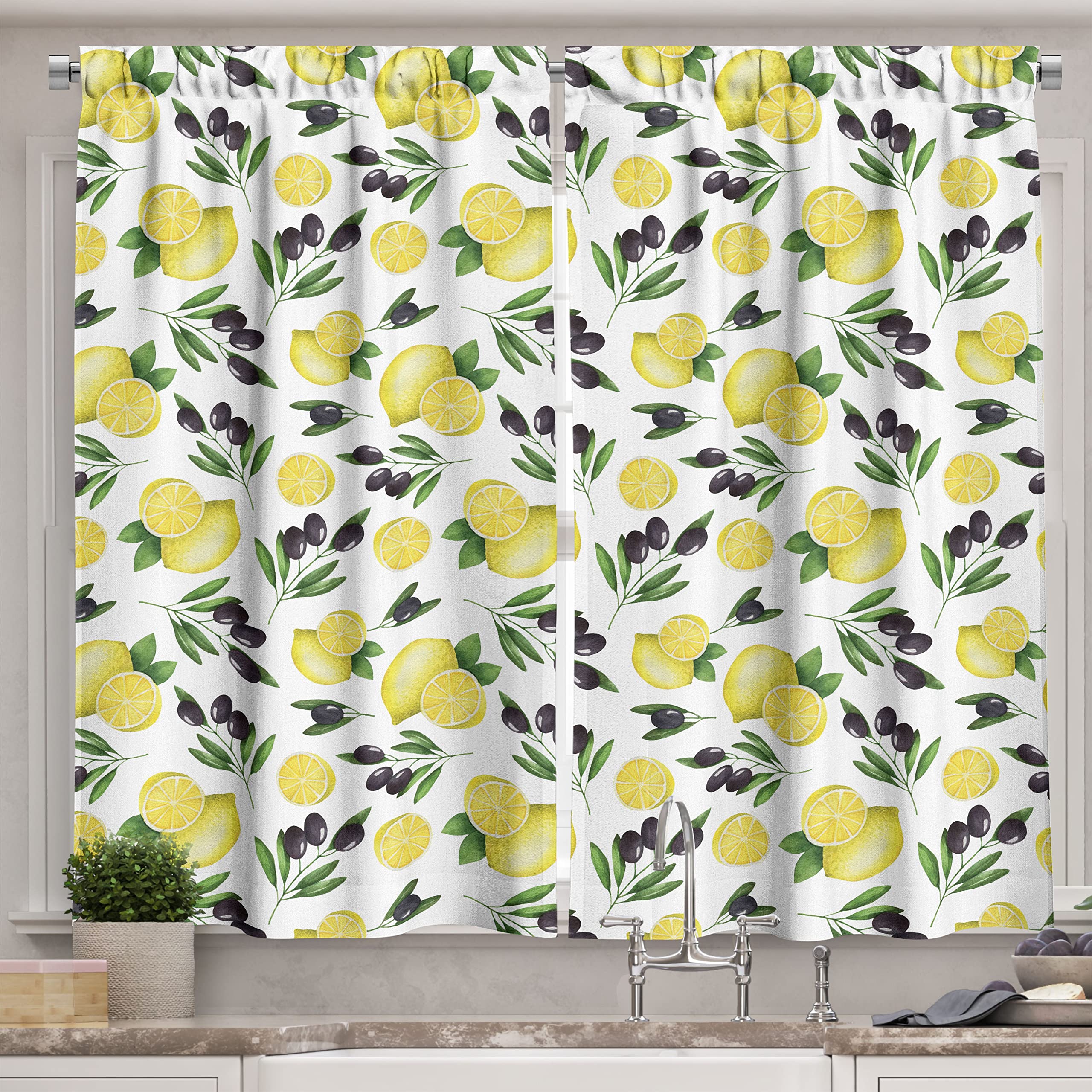 Photo 1 of Ambesonne Vintage Kitchen Curtains, Watercolors Painted Pattern of Olives and Lemons Healthy Mediterranean Food, Window Drapes 2 Panel Set for Kitchen Cafe Decor, 55" X 39", Yellow Black