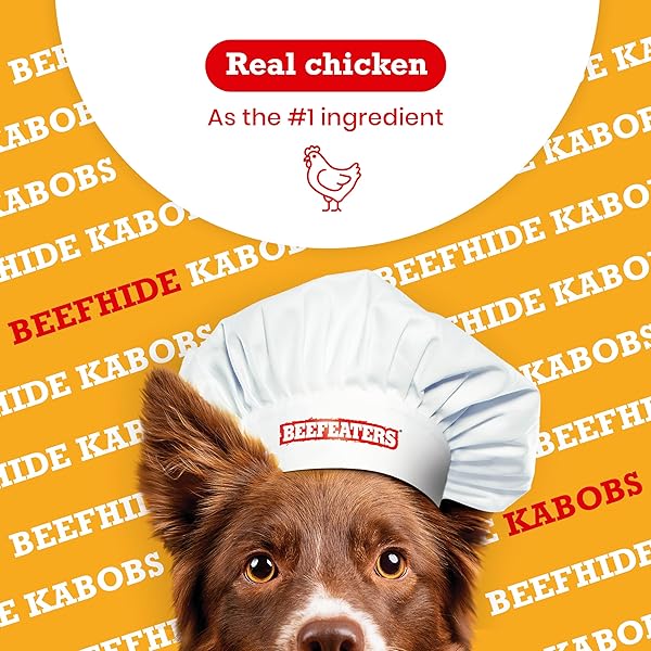 BEEFEATERS BEEFHIDE KABOBS 12OZ – DOG TREAT. TRIPLE FLAVOR WITH REAL CHICKEN, LIVER & SWEET POTATO, LONG-LASTING CHEW, SUPPORTS DENTAL HEALTH, IDEAL FOR TRAINING